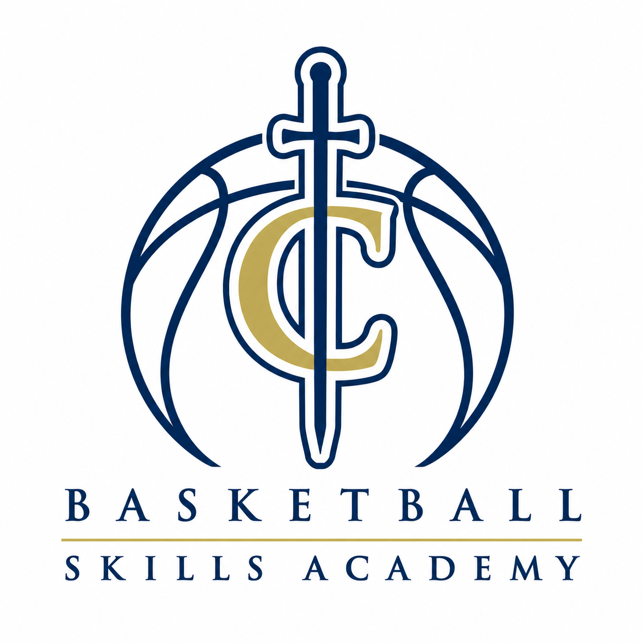 Basketball Skills Academy logo with navy and gold basketball and cross monogram