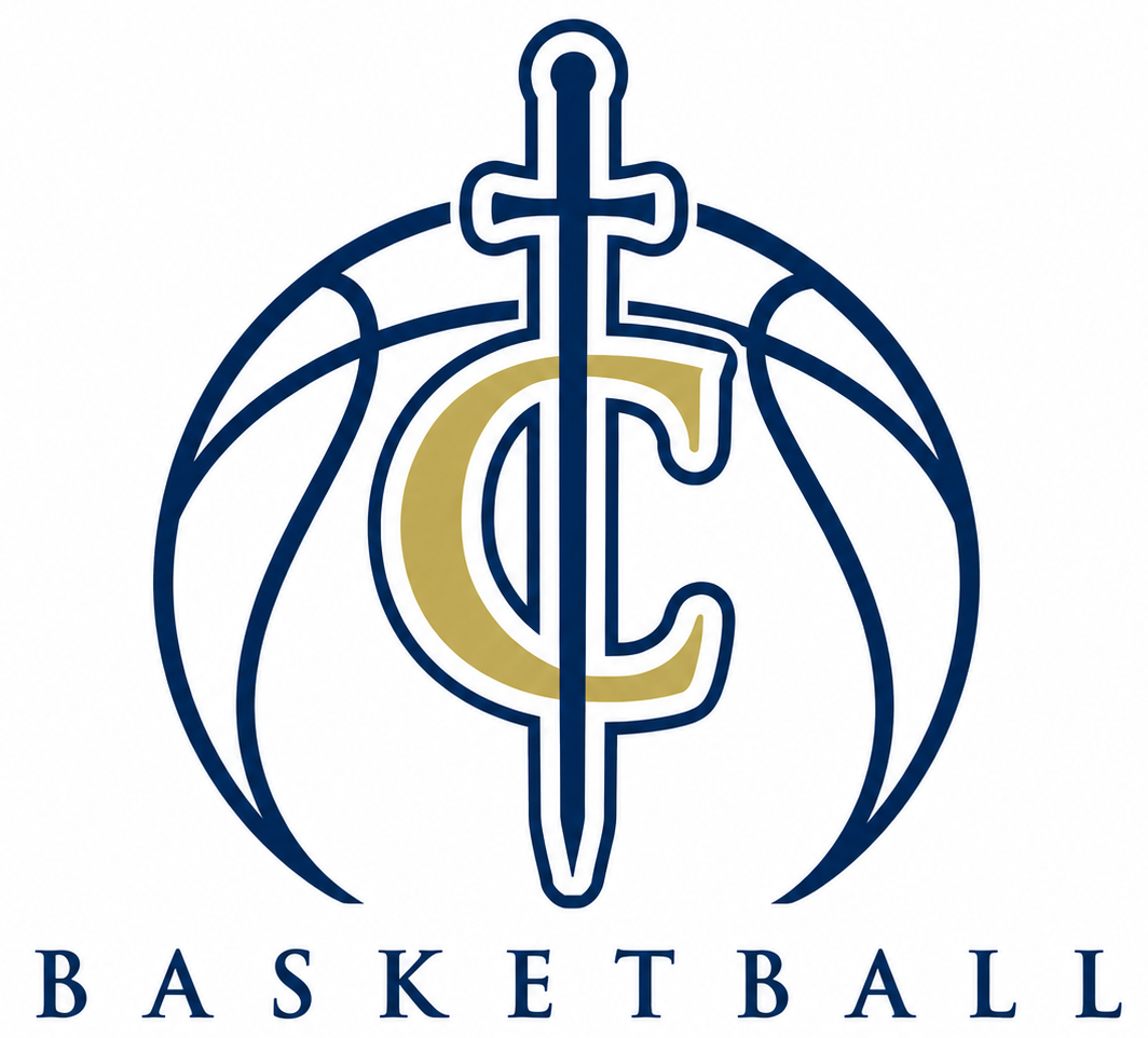 Basketball Skills Academy logo with navy and gold basketball and cross monogram