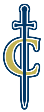 Blue and gold sword emblem with a stylized letter C