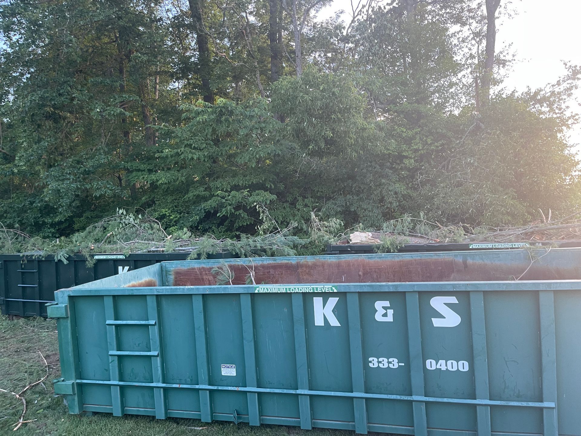 A large green dumpster is parked in front of a store called a center