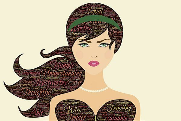 A woman with long hair and a pearl necklace is surrounded by words.
