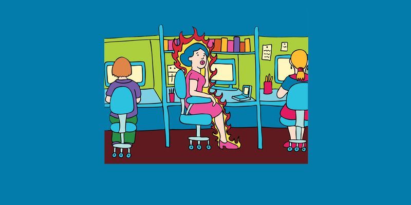 A cartoon of a woman sitting at a desk in front of a computer.