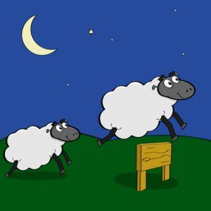 Two sheep are jumping over a wooden fence at night.