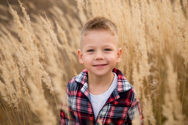 A young boy in a plaid shirt is standing in a field of tall grass.