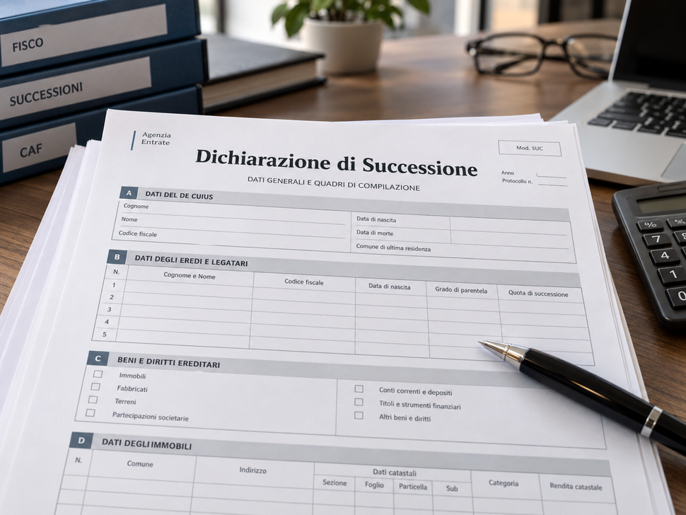 Dichiarazione dei redditi italiana su una scrivania con una penna, una calcolatrice, alcune cartelline e una piccola pianta