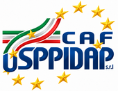 Logo di CAF USPPIDAP s.r.l. con stelle e strisce rosse, verdi e blu