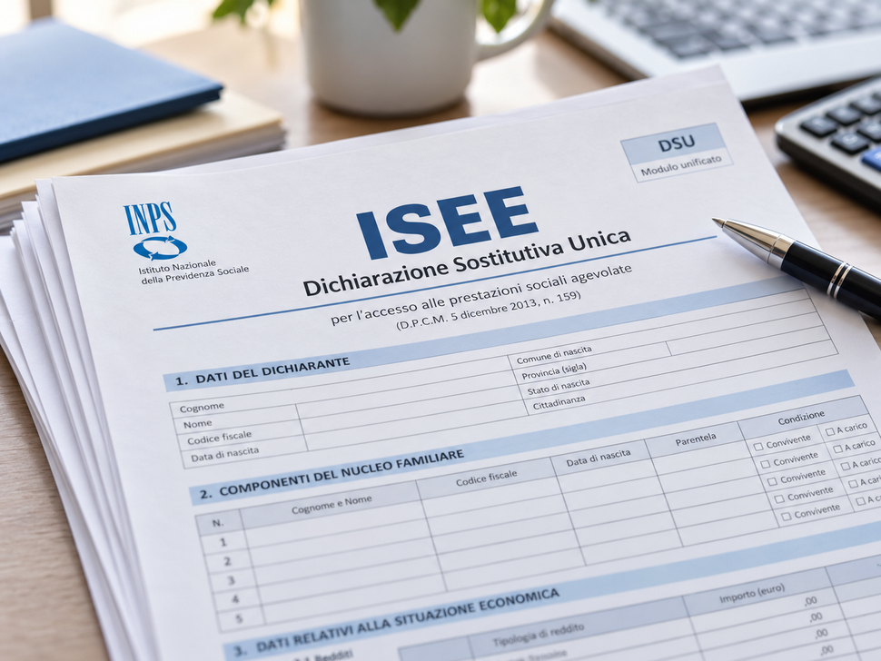 Modulo di valutazione ISEE su una scrivania, con penna, laptop e pianta in vaso nelle vicinanze