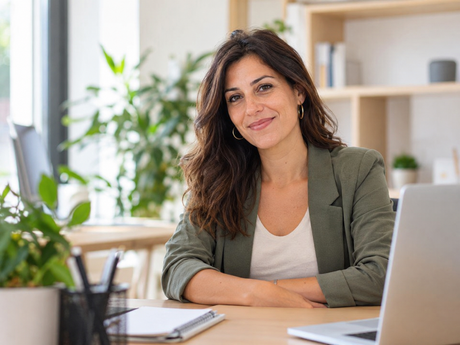 Donna sorridente con un blazer color oliva seduta a una scrivania in un ufficio luminoso, con un laptop e un taccuino lì accanto