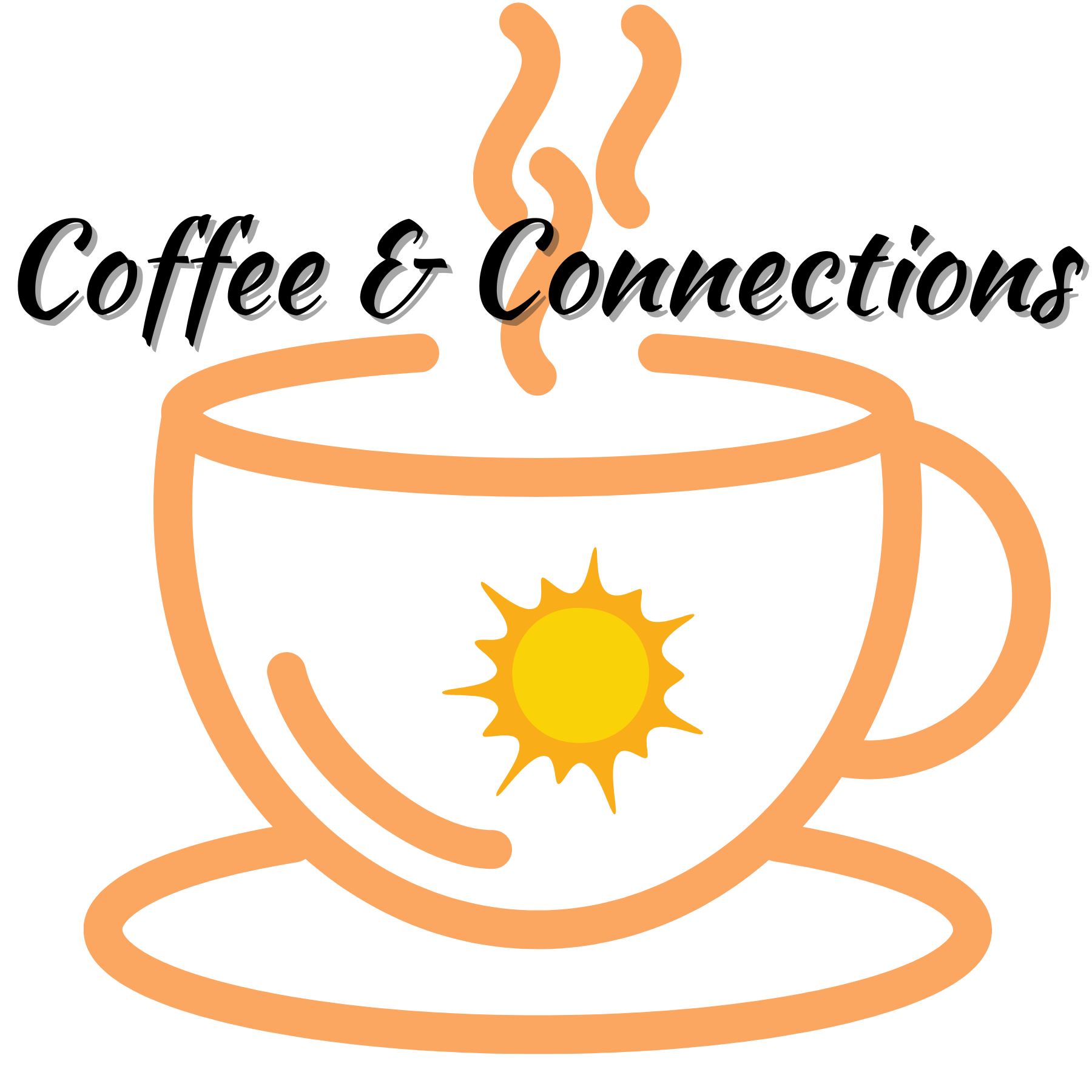 Orange coffee cup with steam, and a sun illustration on the cup, text 