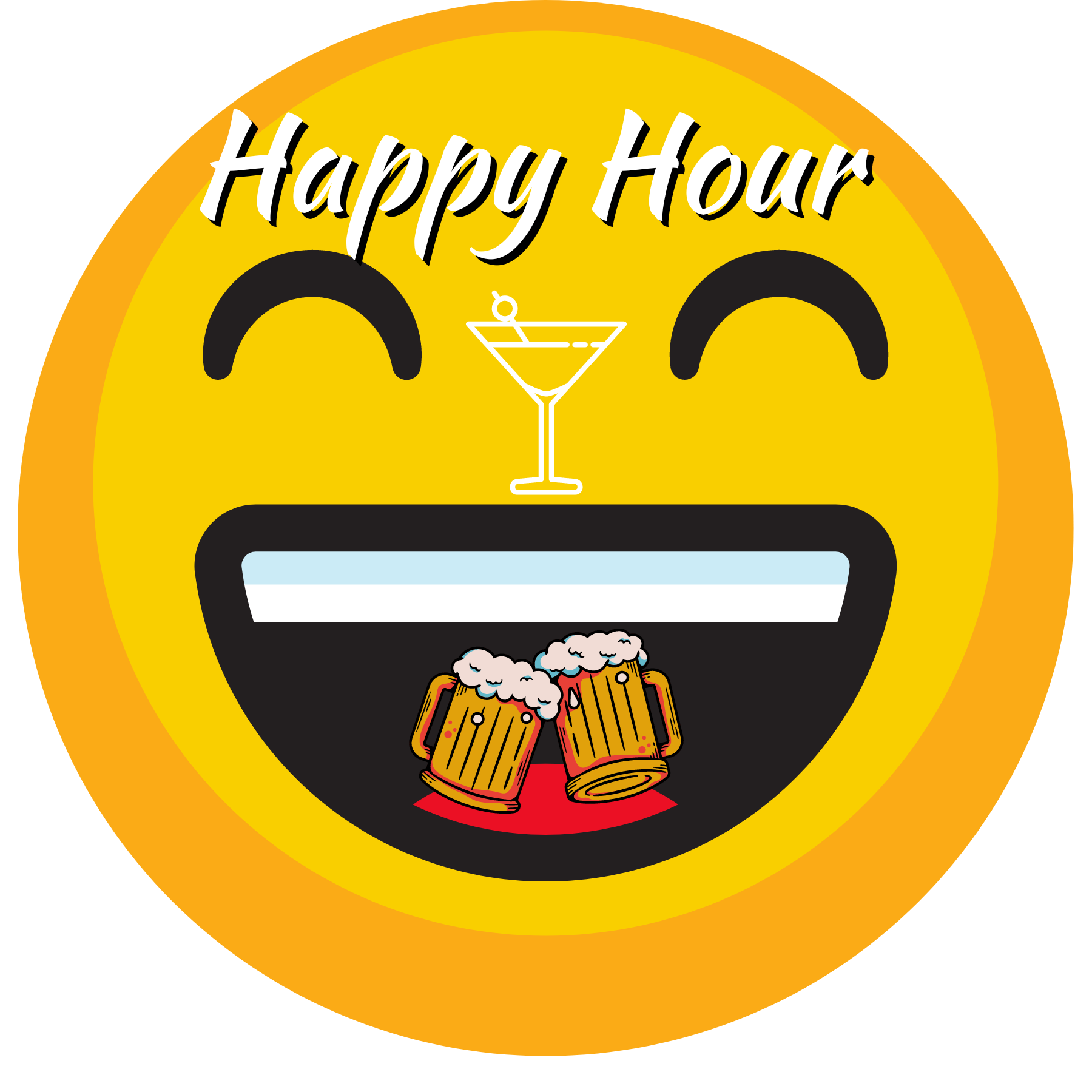 Yellow emoji with open mouth, two beer mugs, martini glass, and text 