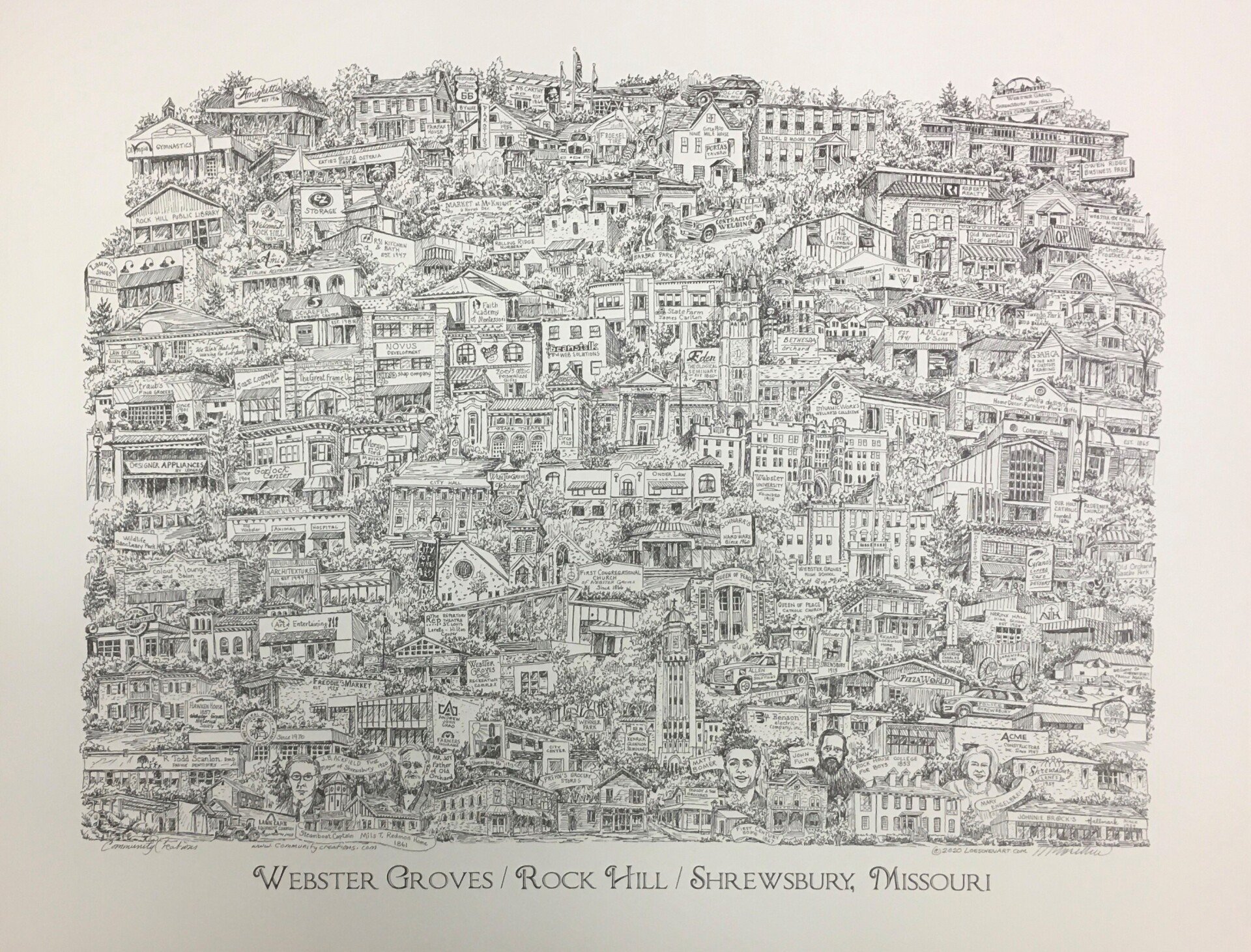 Detailed pen and ink drawing of a dense cityscape, possibly a hillside town.  Hundreds of buildings, details visible, with a title below.