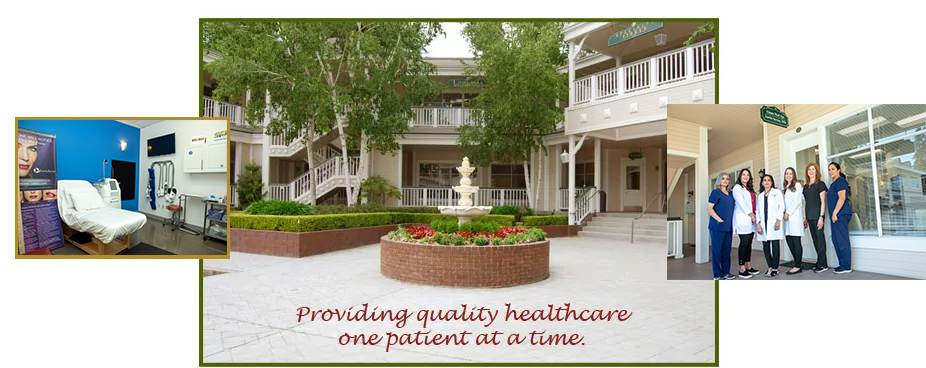 Providing Quality Healthcare - Alamo, CA - Alamo MD Med Spa Medical facility exterior and interior, with staff in front of a building. Text: