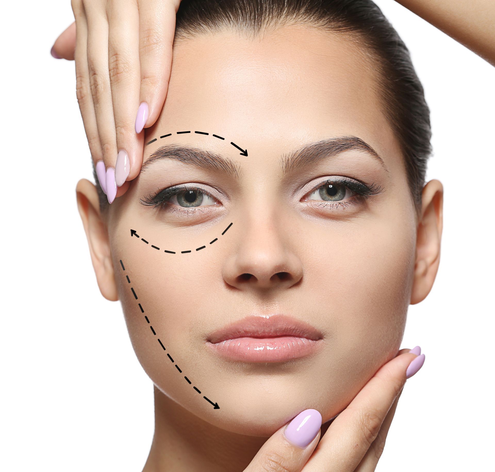 Beautiful woman on white background. Plastic surgery concept. 