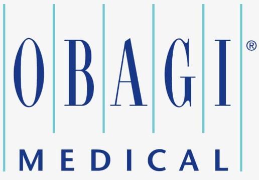 Obagi Medical logo with blue text on a white background, featuring vertical light blue lines.