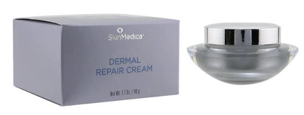 Box and jar of SkynMedica Dermal Repair Cream. Box is gray with product info. Cream jar is silver and gray.