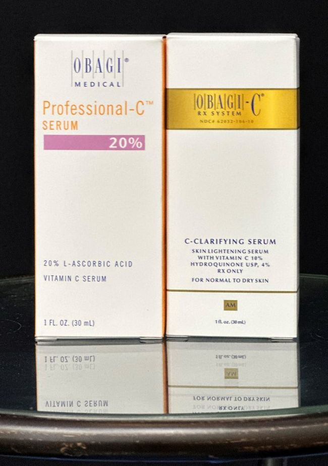 Two Obagi skincare product boxes: Professional-C Serum 20% and C-Clarifying Serum.
