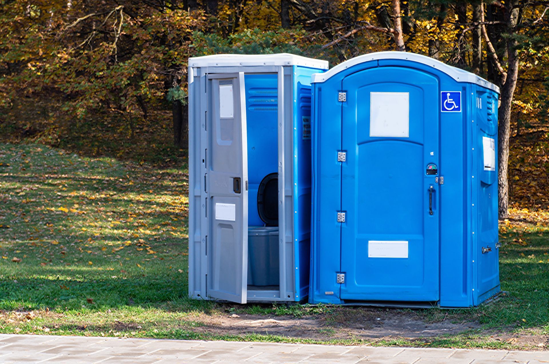 Two portable toilets stand side by side in a grassy park.