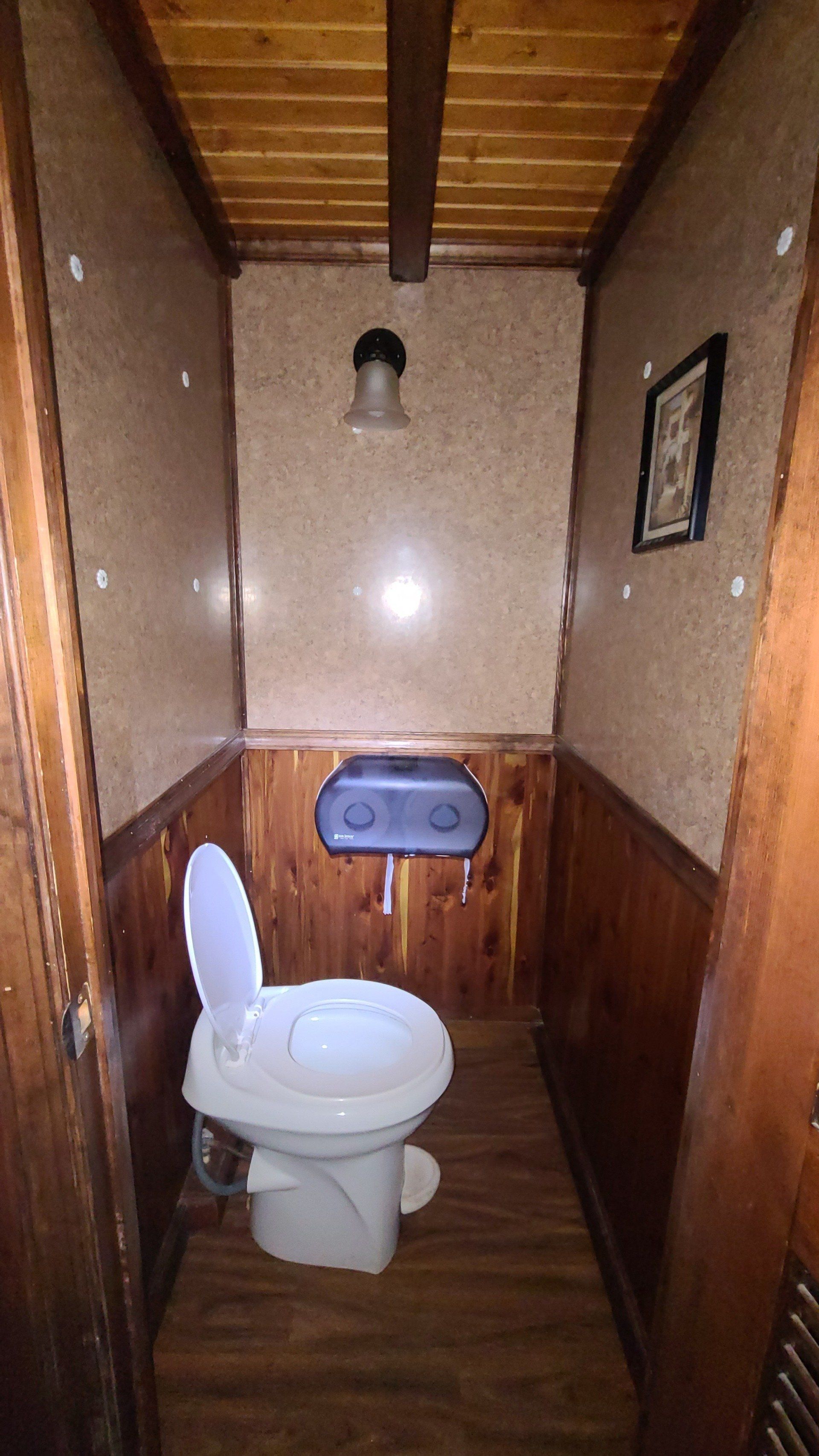 Small, narrow, wooden-paneled bathroom with toilet, light fixture, and small framed picture.