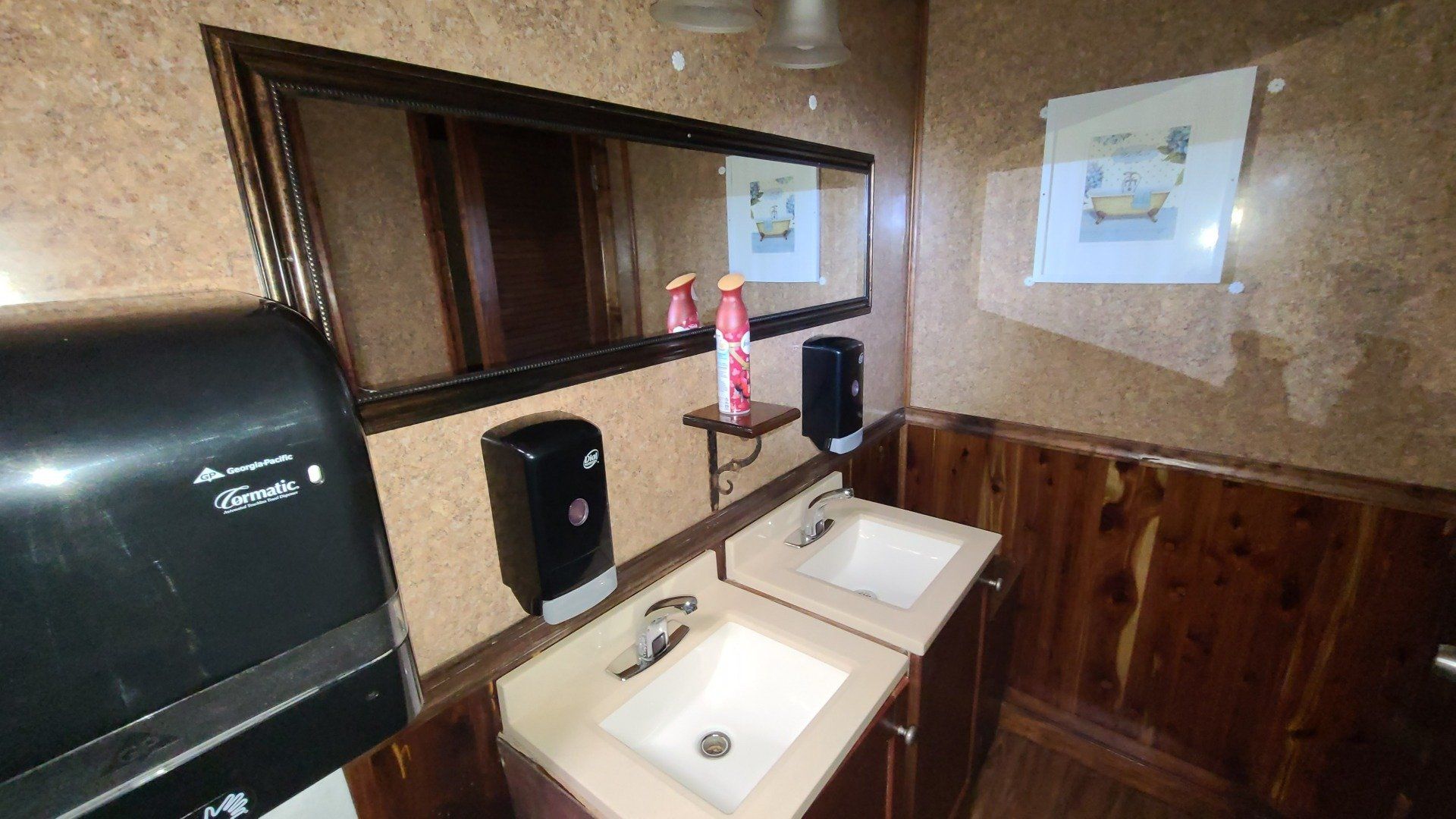 Bathroom with two sinks, paper towel dispenser, mirror, and artwork on the wall.