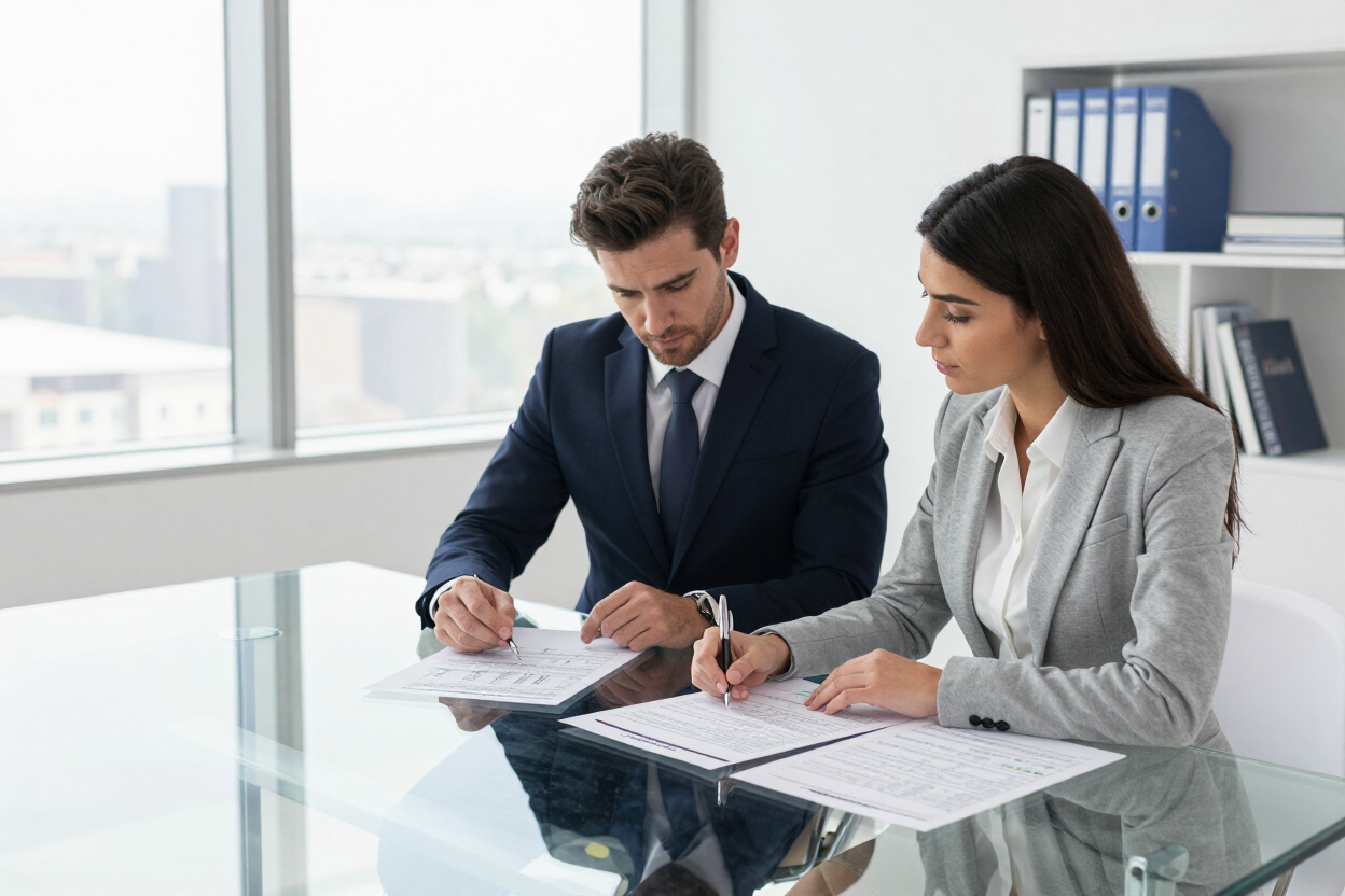 Two coworkers reviewing documents at a glass table in a bright office