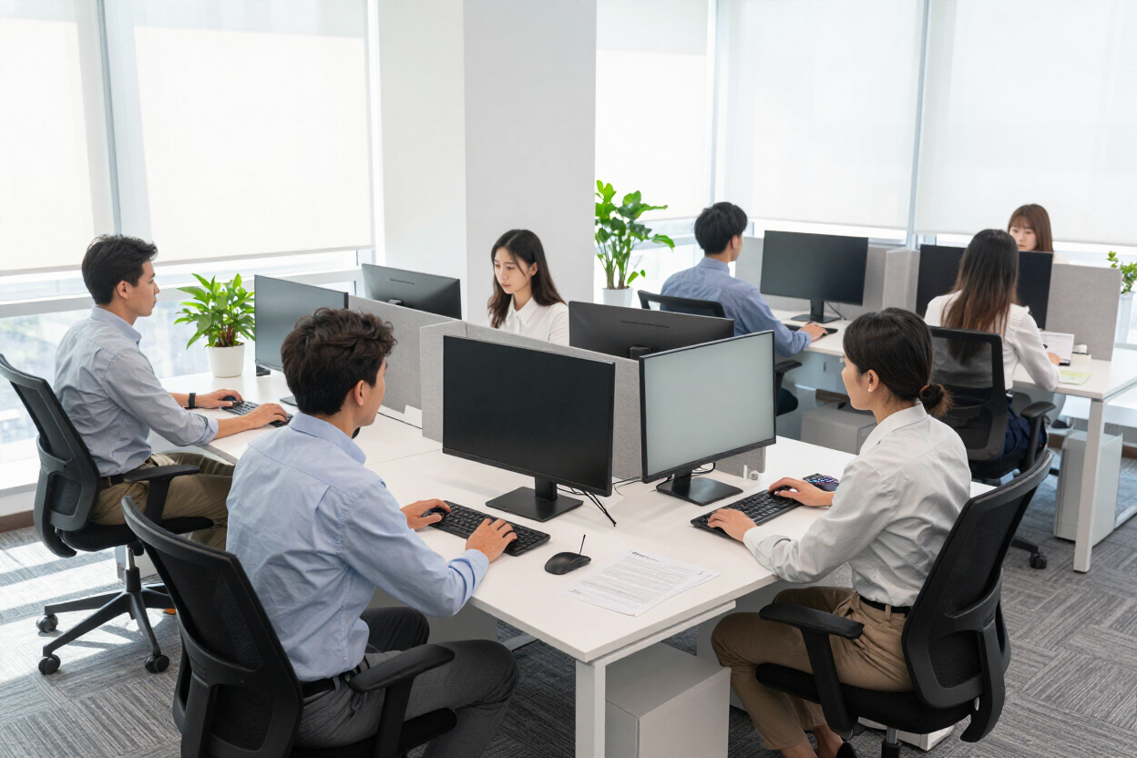 Office team working at computer desks in a bright modern workspace