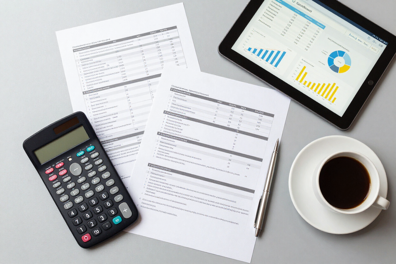 Desk with calculator, papers, tablet charts, pen, and coffee cup for financial planning