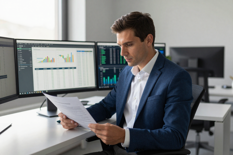 Man reviewing paperwork at a desk with dual monitors showing charts in a modern office
