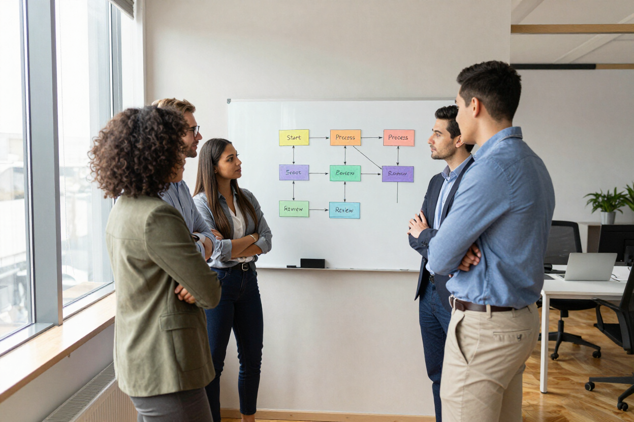 Four coworkers discuss a colorful flowchart on a whiteboard in a bright office.