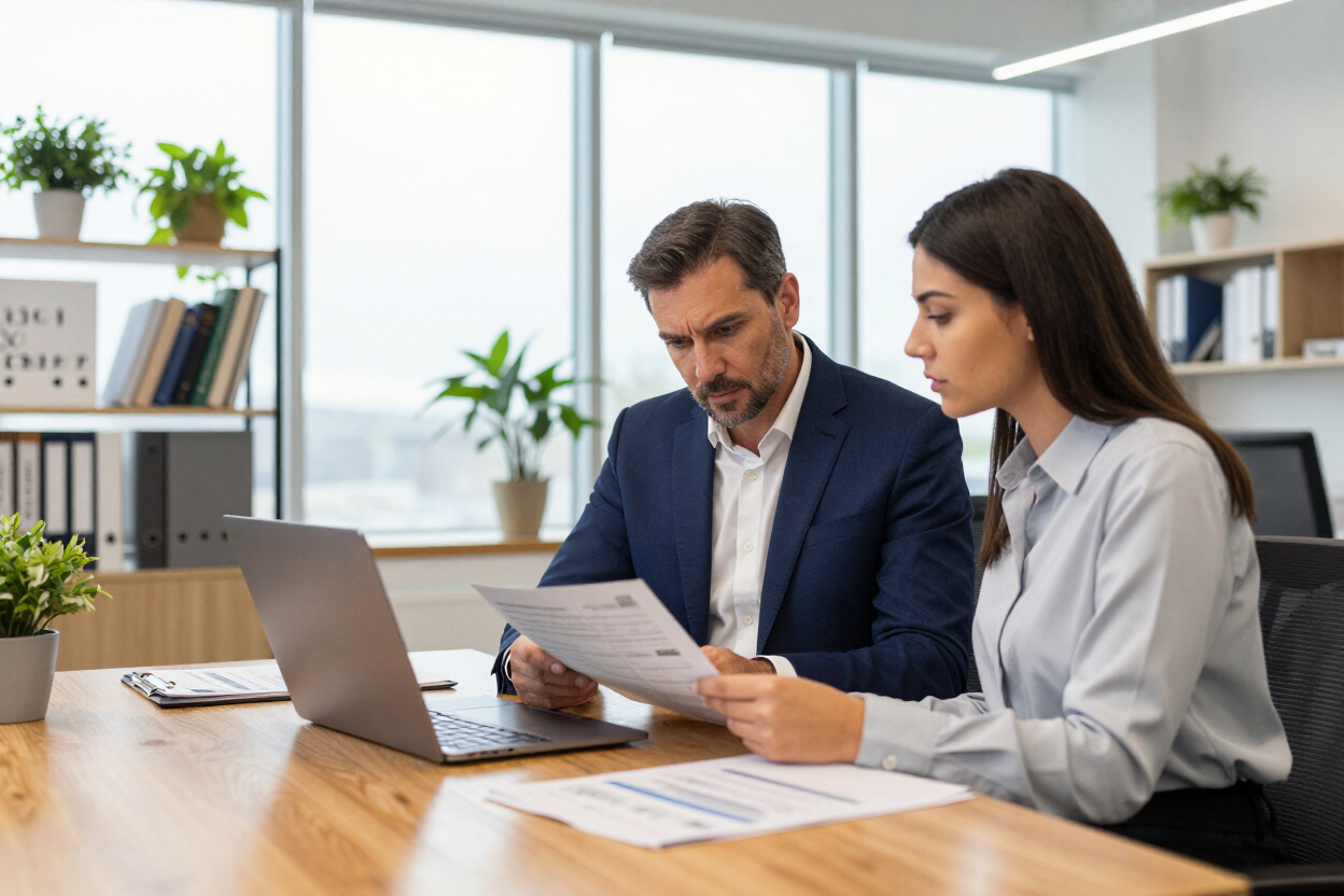 Two colleagues reviewing documents at a desk in a bright office with a laptop and potted plants