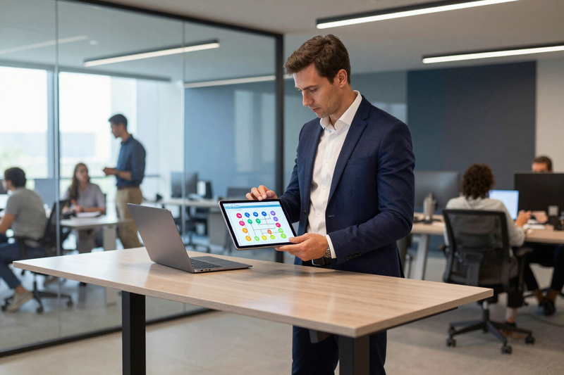 Man holding a tablet beside a laptop in a modern office with coworkers in the background
