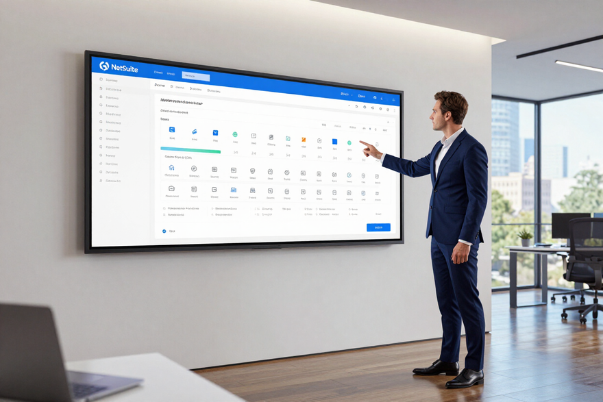 Man pointing at a large wall-mounted dashboard display in a bright modern office