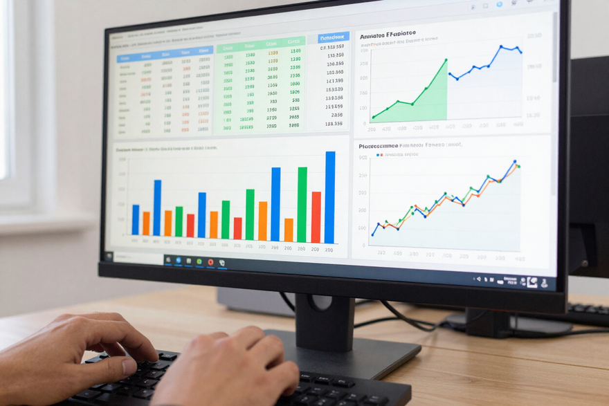 Hands typing at a desk with a monitor showing colorful charts and line graphs