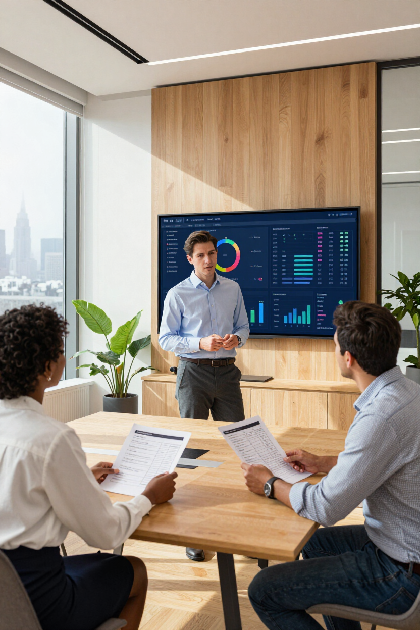 Business presentation in a modern conference room, with a presenter beside a digital chart display.