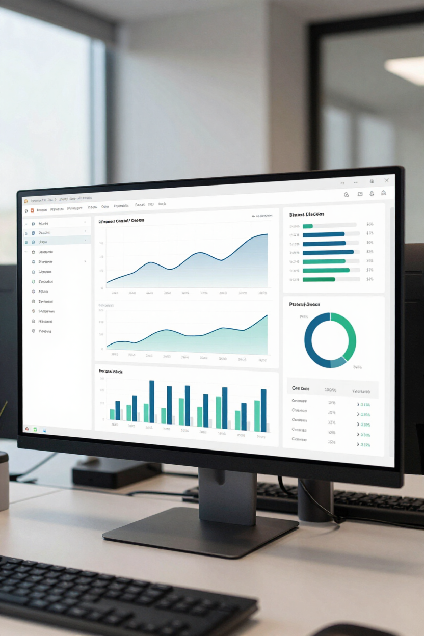 Desktop monitor showing a business analytics dashboard with charts and graphs on a desk