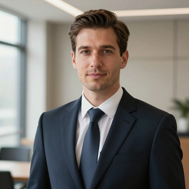 Professional man in a dark suit and tie standing in a bright office, facing the camera.