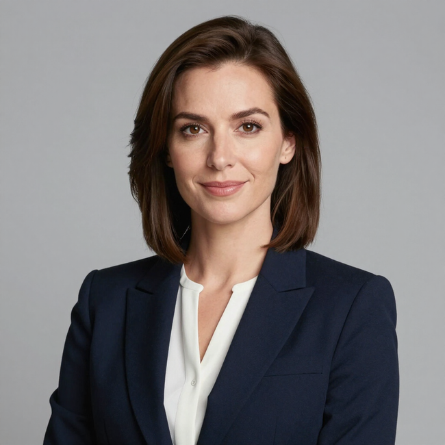 Portrait of a woman in a navy blazer and white blouse against a gray background