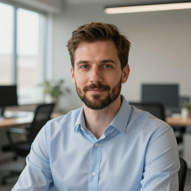 Man in a light blue shirt sitting in a bright office, looking at the camera with a slight smile
