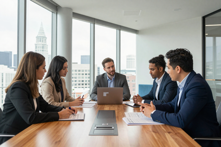 Business team meeting in a glass conference room with laptops and documents, city view behind them