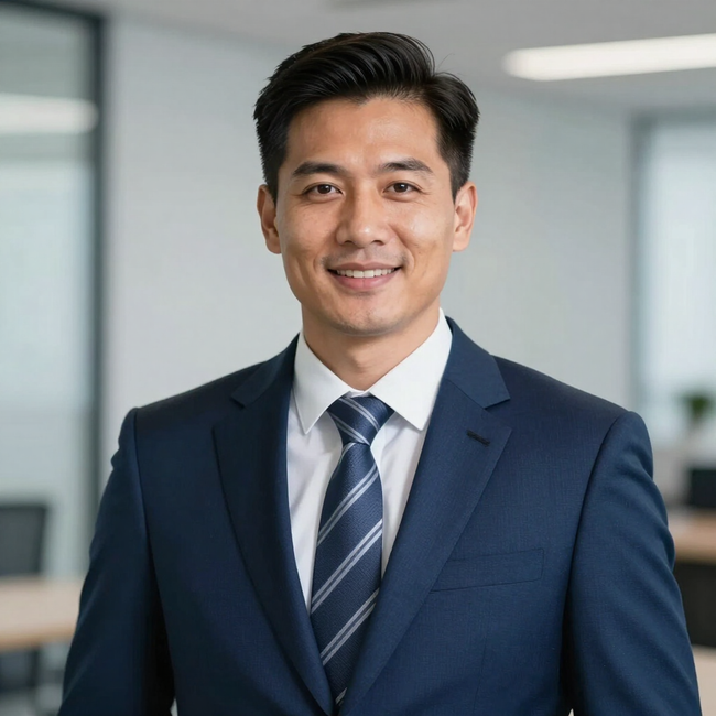 Smiling professional in a navy suit standing in a modern office setting