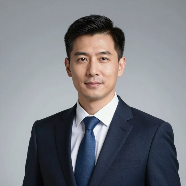Studio headshot of a man in a navy suit, white shirt, and blue tie against a gray background