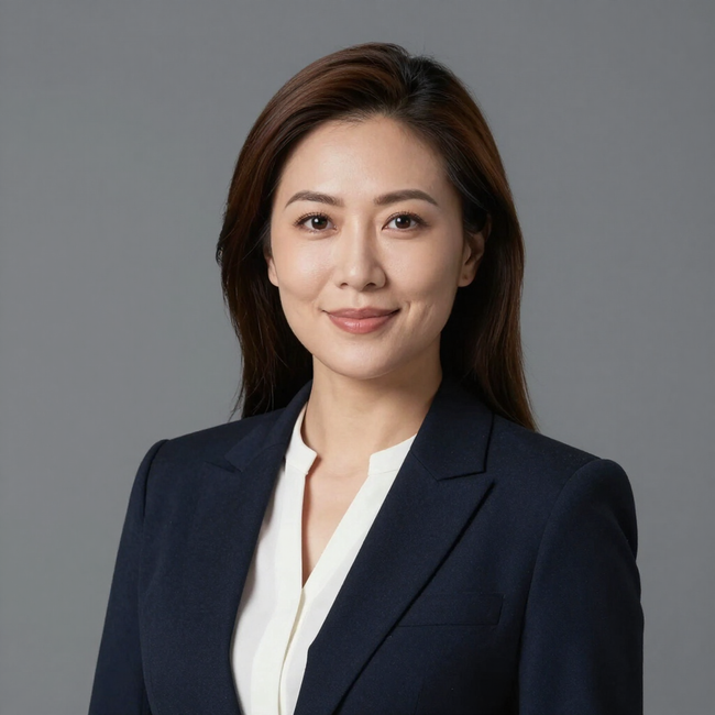 Professional headshot of a person in a navy blazer and white blouse against a gray background