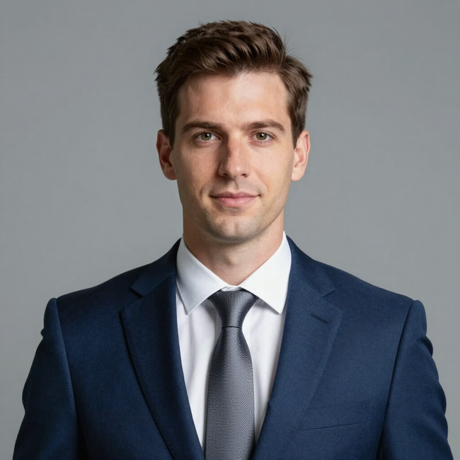 Studio portrait of a man in a navy suit and tie against a gray background