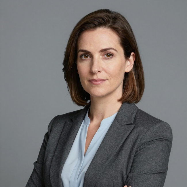 Portrait of a woman in a gray blazer and light blue blouse against a neutral gray background