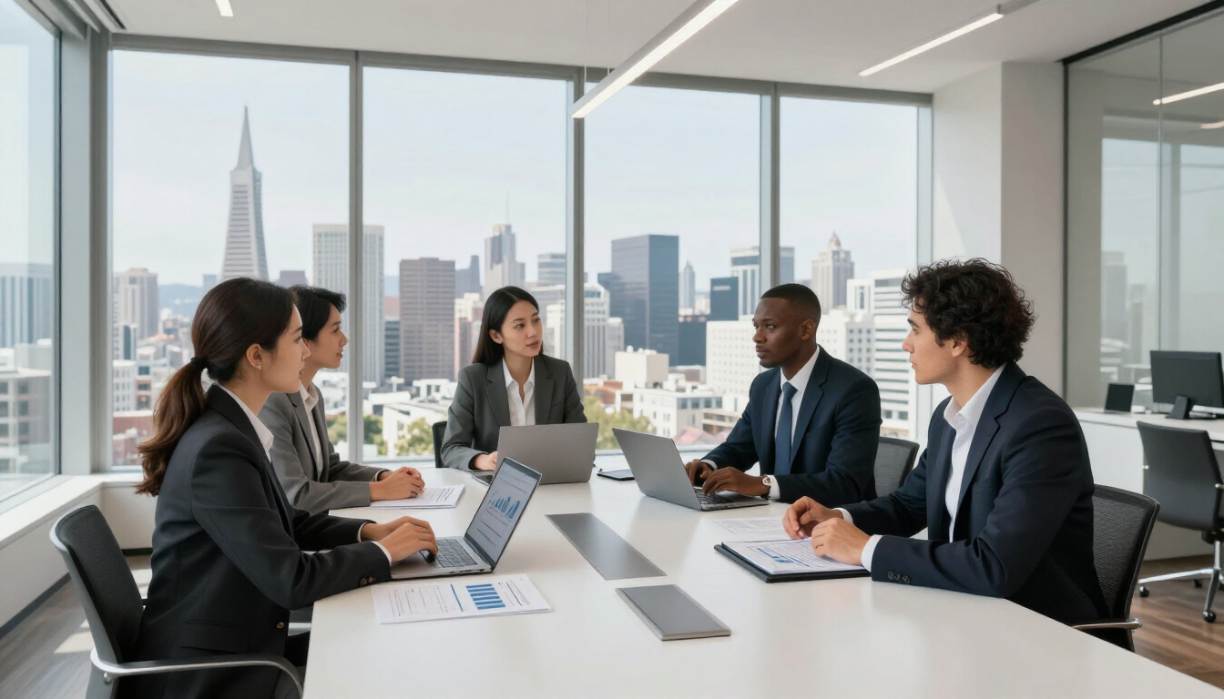 A professional team discussing financial growth strategies in a modern office environment.