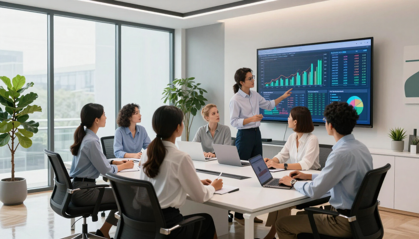 photorealistic modern office team collaboration meeting financial charts