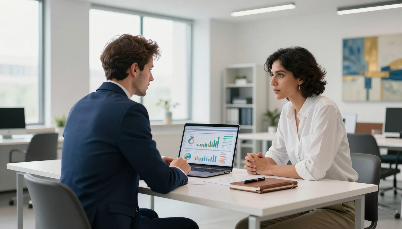 ERP setup consultants discussing software implementation in a modern office.