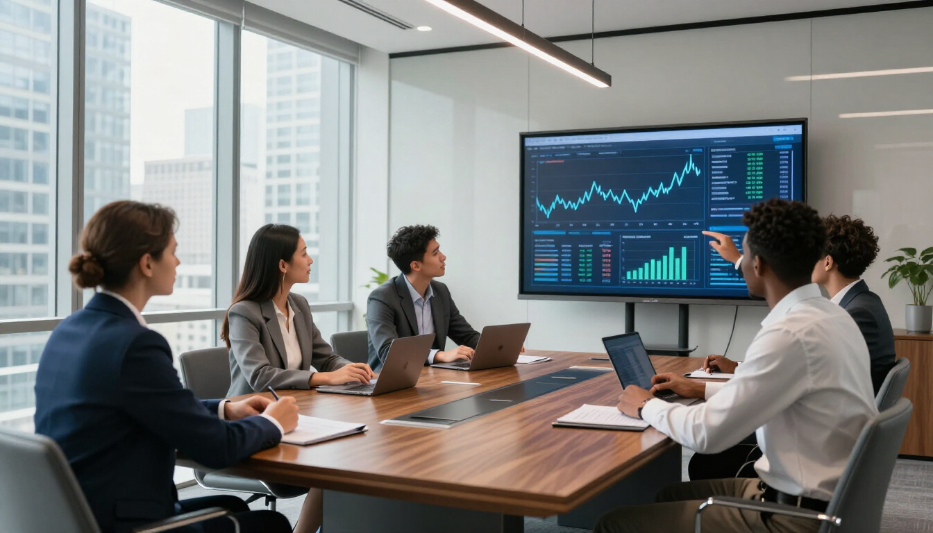 Modern office setting with financial data displayed on a screen, representing fractional controller services.