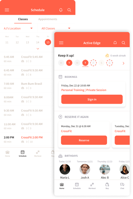 Two mobile app screens: one showing a schedule with appointments, the other with appointment details and profile icons.