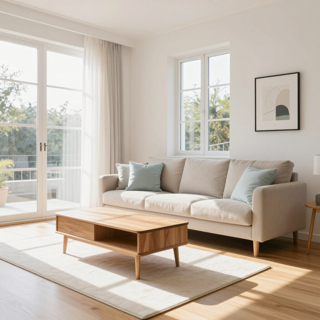 A bright, airy living room with a neutral sofa, two light blue pillows, and a rectangular wooden coffee table on a rug.