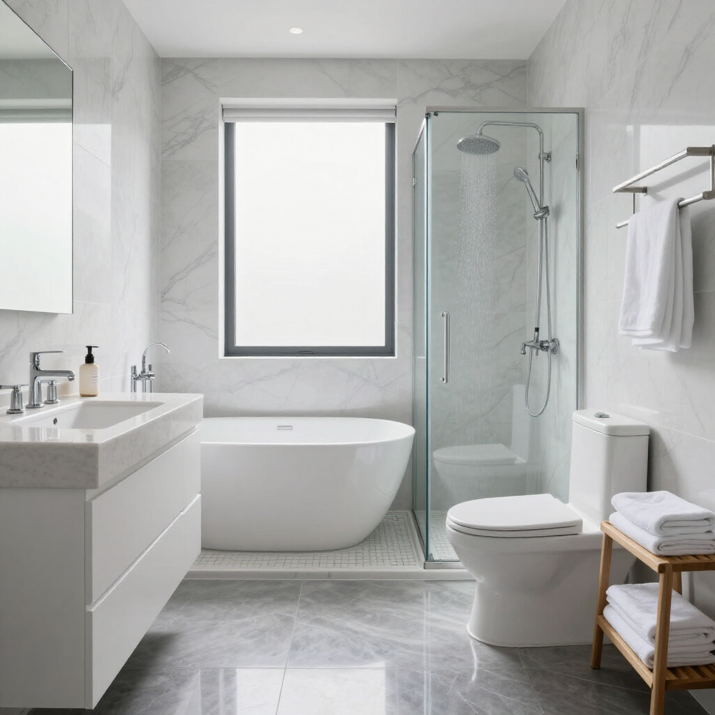 Modern white bathroom with vanity, freestanding tub, glass shower, toilet, and window